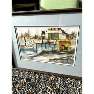 Abstract Coastal Architecture Framed Watercolor Painting 20"x16" (Signed)